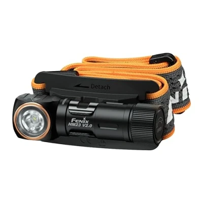 Imagen de FENIX HM23 V2.0, linterna frontal multiusos compacta y ligera, en ángulo derecho, 300 lúmenes, 88 m, 100 horas máximo, funciona con pilas AA, tapa trasera magnética, inclinación vertical de