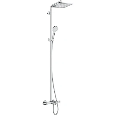 Imagen de hansgrohe Crometta E sistema de ducha con termostato para bañera, lluvia (240 x 240 mm), mano (2 tipos chorro), flexo ducha, barra y fija rectangular, cromo, 27298000
