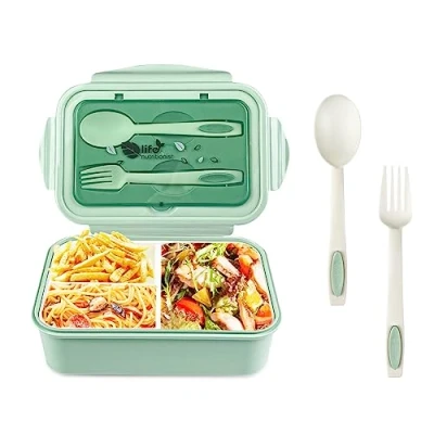 Imagen de Relota Fiambrera con 3 Compartimentos y Cuchara Tenedor 1400ml, lunch box Sin BPA Hermetica fugas, bento para Microondas Lavavajillas, loncheras Adultos Niños Escuela Trabajo, verde