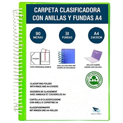 Imagen de Raylu Paper® Carpeta clasificadora con anillas fundas transparentes A4 de 90 micras y sobre cierre velcro, tapa personalizable. 100 % biodegradable. (30 Fundas, Verde)