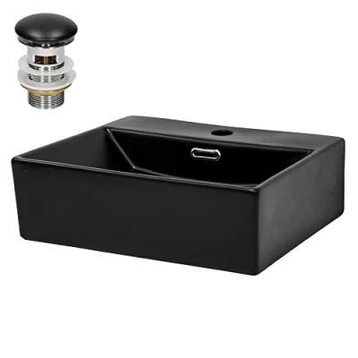 Imagen de ML Design Lavabo De Cerámica Negro Mate Rectangular 415x365x130 mm Con Juego Drenaje Rebosadero Orificio Para Grifo Lavamanos Moderno Sobre Encimera Pila Baño Aseo Fregadero Colgante Pared