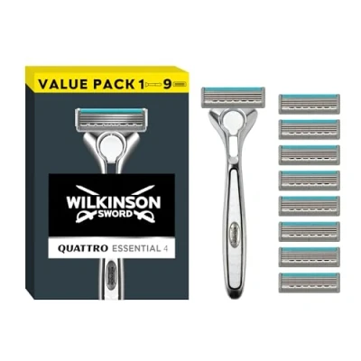 Imagen de Wilkinson Sword Quattro Titanium Sensitive Maquinilla de Afeitar 4 Hojas para Piel Sensible + 9 Recambios Cuchillas Titanio, Banda Lubricante con Aloe Vera y Jojoba