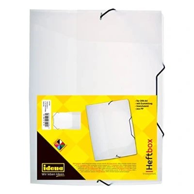 Imagen de Idena 225403 Caja de archivo para DIN A4 con banda elástica, PP, capacidad 3,5 cm, transparente, 1 unidad, blanco