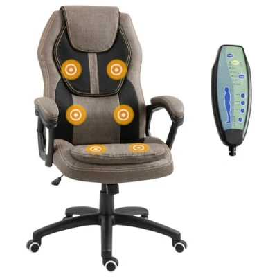 Imagen de Sillón de oficina con masaje altura ajustable, giratorio, 360 grados, poliéster sintético, color marrón, pespunte naranja