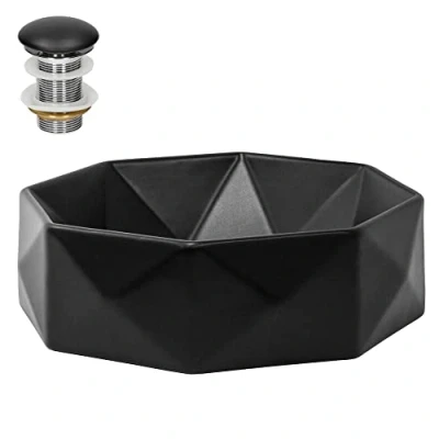 Imagen de ML Design Lavabo De Cerámica Negro Mate Forma Diamante Ø 42 x 13,5 cm Con Juego Drenaje Sin Rebosadero Lavamanos Moderno Encimera Sobremesa Pila Para Baño Aseo Fregadero Colgante