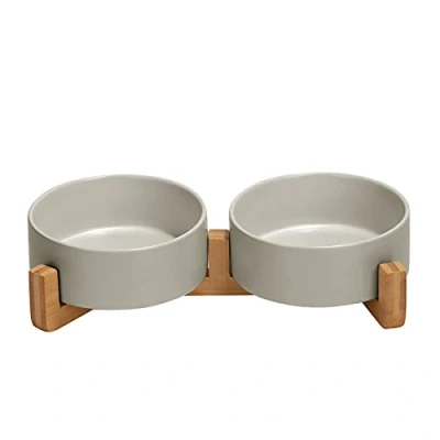 Imagen de SPUNKYJUNKY Cuencos para Mascotas Hechos de cerámica, y un Soporte bambú con esmaltado Mate Antideslizante, Set Completo Comida Agua diseñado Gatitos, Perros pequeños medianos