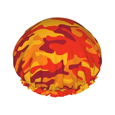 Imagen de Gorro de ducha camuflaje naranja para mujer,reutilizable,de doble capa,impermeable,protector cabello ducha,gorro con forro PEVA todas las longitudes larg