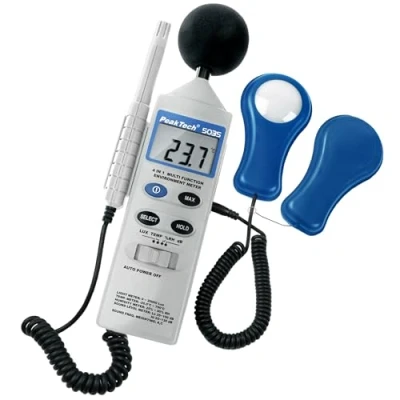 Imagen de PeakTech 5035 Dispositivo de medición ambiental multifuncional 4 en 1 para medir sonido, temperatura, humedad y lux, db, pantalla LCD, sensor tipo K, con pilas 250 g