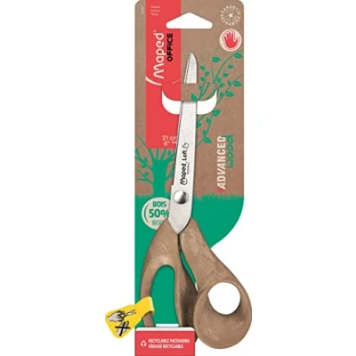 Imagen de Maped Tijeras Advanced Wood 21 cm para zurdos Cuchillas de acero inoxidable Comodidad y precisión Anillos asimétricos ergonómicos 50% madera Garantía por vida