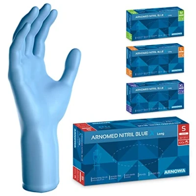 Imagen de ARNOMED guantes nitrilo desechables azul extralargos, de 30 cm largo, talla S extragruesos, 100 uds/caja, S, M, L &amp; XL