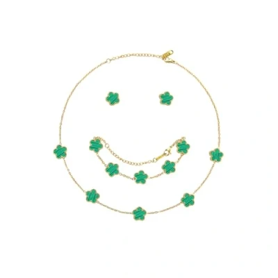 Imagen de Hanaoops Conjunto de Joyas para Mujer con Trébol Cuatro Hojas 18K Oro Plateado Acero Inoxidable Doble Cara Colgante Collar Pendientes Pulsera Juego (Green)