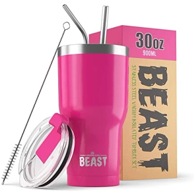 Imagen de Greens Steel BEAST Termo Café para Llevar 900ml I Rosa Ponqué Taza Térmica de Acero Inoxidable Reusable Viajera Doble Pared al Vacío 2 Pajitas y Cepillo Limpieza