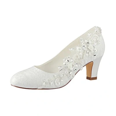 Imagen de Emily Bridal Zapatos de novia Mujer Seda como Satén Tacón ancho Salón con puntada Encaje Flor Cristal Perla, beige, 38 EU