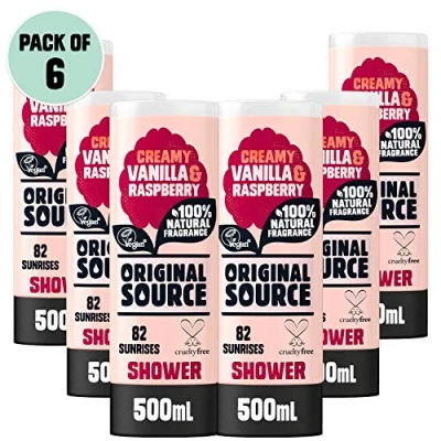 Imagen de Original Source Vanilla Milk and Raspberry Gel de ducha con fragancia 100% natural, vegano, tamaño grande, sin parabenos, paquete 6 unidades 500 ml