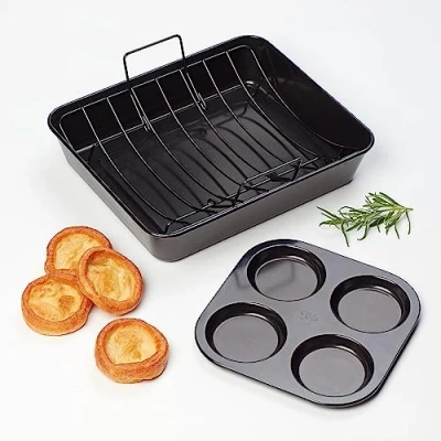 Imagen de Tala Asador de rendimiento con estante y sartén grande Yorkshire, calibre profesional acero al carbono revestimiento antiadherente Eclipse Premium, ideal para cocinar asar, negro, 38 cm x 32