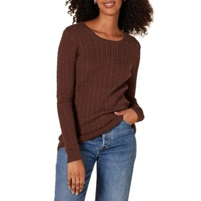 Imagen de Amazon Essentials Jersey de Cuello Redondo y Manga Larga en Ligero Punto Trenzado (Disponible Tallas Grandes) Mujer, Castaño Oscuro Mezcla, XL