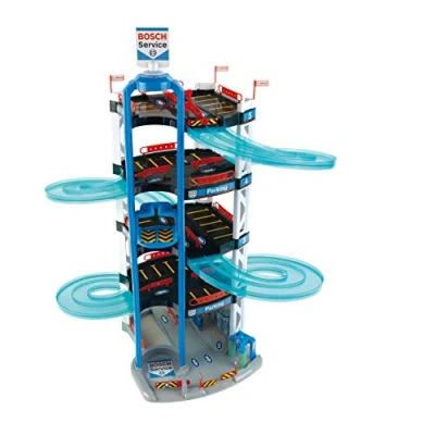 Imagen de Theo Klein 2813 Aparcamiento Bosch Car Service, con 5 Plantas, Doble rampa de Salida, 2 Coches Carreras, Ascensor y Mucho más, Medidas 55 cm x 85 cm, Juguete para niños a Partir 3 años