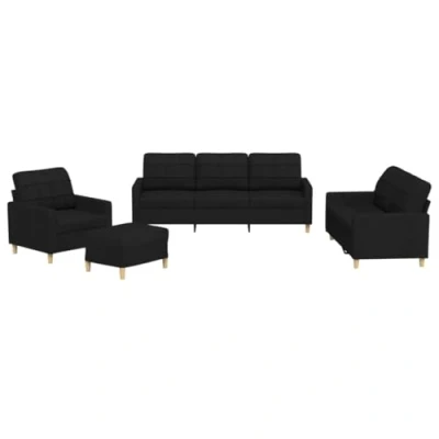 Imagen de vidaXL Juego de Sofás 4 pzas, Sillones Televisión con Cojines, Descanso Relax, Asientos Tapizados para Salón, Tela Negro