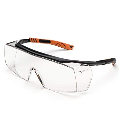 Imagen de UNIVET 5X7 Transparente, Gafas de Trabajo Protección, Sobregafas, Alta Comodidad, Lentes Resistentes a Arañazos,(EN166, EN170) Negro/Naranja