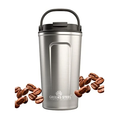 Imagen de Greens Steel Taza de Café Reusable 480ml, Plateado I Termo para Llevar con Tapa y Asa Antifugas, Aislado en Acero Inoxidable Bebidas Calientes Frías Té, Café,