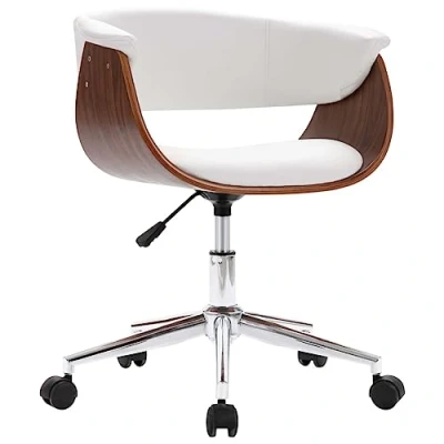 Imagen de vidaXL Silla de Oficina Giratoria Escritorio Sillón Ruedas Despacho Altura Ajustable Regulable Cuero Sintético Blanco Madera Curvada
