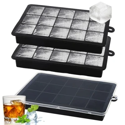 Imagen de Euleryoo 3 Piezas Cubiteras para Hielo de Silicona con Tapa, Bandejas 45 Cubitos Cuadrados Grandes, Apilables Moldes Cócteles, Whisky, Vino, Puré Frutas (Negro)