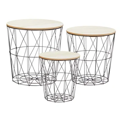 Imagen de mesa auxiliar de metal con espacio almacenamiento, color negro, juego 3 mesas/tableros claros, salón placa madera extraíble, cesta