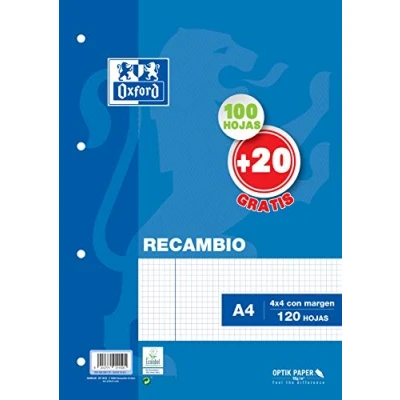 Imagen de OXFORD SCHOOL CLASSIC A4 Recambio paquete 4x4 con margen 100 Hojas + 20 gratis