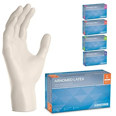 Imagen de ARNOMED guantes de latex talla L, blancos, 100 unidades/caja, sin polvo, desechables, XS, S, M, L y XL, caja desechables