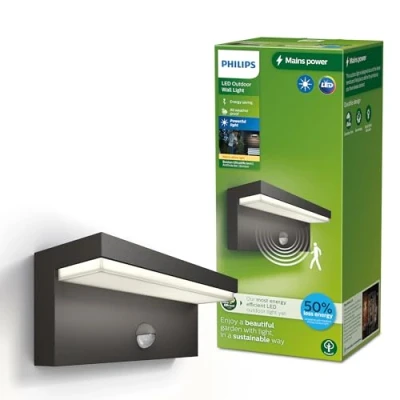 Imagen de Philips Lighting Aplique pared Exterior Ultraeficiente Bustan, 3.8W, 2700K luz blanca cálida, Antracita, con sensor movimiento, resistente intemperie IP44