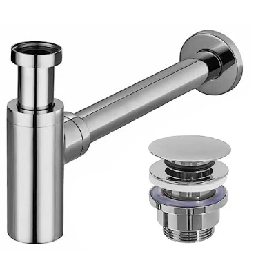 Imagen de REA Sifón Tubular Universal de Acero Inoxidable para Fregadero y Fregadero, Altura Regulable, Desagüe + Tapón Click Clack, Válvula Pop Up, Plata/Cromo