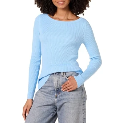 Imagen de Amazon Essentials Jersey Ligero de Canalé con Manga Larga y Escote Barco Mujer, Azul Cielo, XL