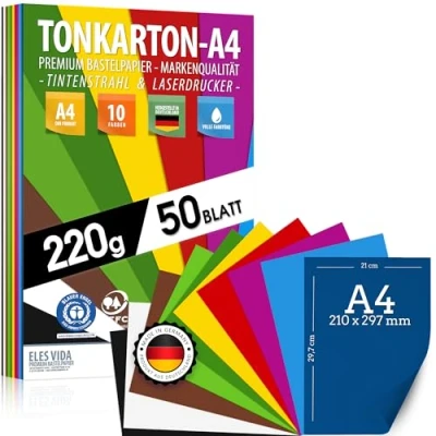 Imagen de CARTULINA A4 50 hojas 220 g/m² de grosor Juego 10 colores cartón cartón, para la escuela, hobby niños y bricolaje DESDE ALEMANIA