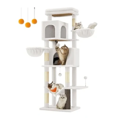 Imagen de Feandrea Árbol Grande para Gatos, Torre Arañar de 175 cm Altura, Multinivel con 2 Cuevas, Cestas, 5 Rascadores, Alfombra, Plataforma, Hamaca, Blanco Crema PCT182W02
