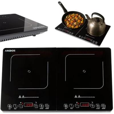Imagen de Arebos placa de inducción doble 3500W 2 zonas cocción con pantalla táctil y temporizador portátil para camping, exterior cocina protección contra sobrecalentamiento