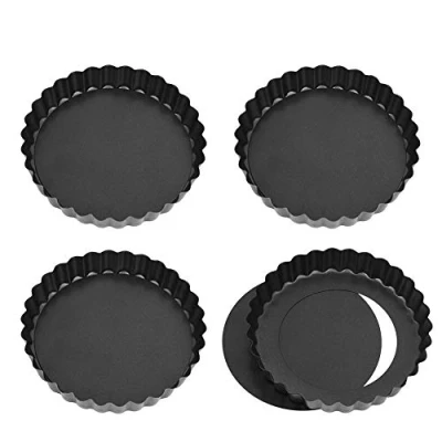 Imagen de Dorisdoll Molde para quiche (4 unidades, antiadherente, estriado, con parte inferior extraíble tarta de chocolate, mini tartas, hogar, cocina, horneado Round Shaped negro