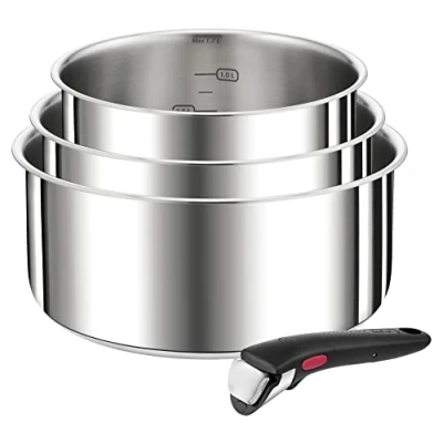 Imagen de Tefal L898S4 Ingenio Preference Juego de cacerolas (4 piezas, apilable, ahorra espacio, acero inoxidable, apta para inducción, tamaño grande), 3 (16/18/20 cm) y 1 mango universal extraíble