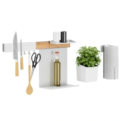 Imagen de tesa Set Organizador de Cocina G Riel Autoadhesivo con Maceta para Hierbas, 2 Repisas, Portacuchillos, Portarrollos y Barra 3 Ganchos Montaje sin Taladrar Bambú/Blanco