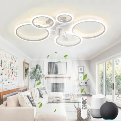 Imagen de KeLuKes Lámpara Ventilador Sala de Estar Compatible con Alexa y Google Assistant, 100cm Techo Luz Anillo, Reversible Regulable Temporizador Silencioso Ventilador, Blanco