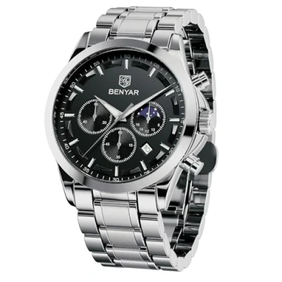 Imagen de BENYAR Relojes para Hombre Analógico Movimiento Cuarzo Cronografo Impermeable Luminoso Moda Casual Reloj de Pulsera Correa Cuero Elegante Regalo