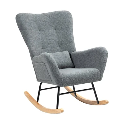 Imagen de HOMCOM Mecedora de Borreguito para Lactancia con Respaldo Acolchado Almohada y Base Madera Caucho Carga 120 kg Silla Salón Dormitorio Gris