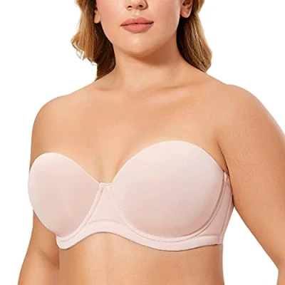 Imagen de DELIMIRA Sujetador sin Tirantes con Aros Tallas Grandes Invisible Multiposicion para Mujer Rosa ahumada 95E