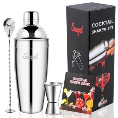 Imagen de Sosayet Coctelera Profesional 750 ml, 3 Piezas Cocktail Kit con Jigger 15/30 Mortero de Cóctel, Bartender Regalos para Hombres Amantes del