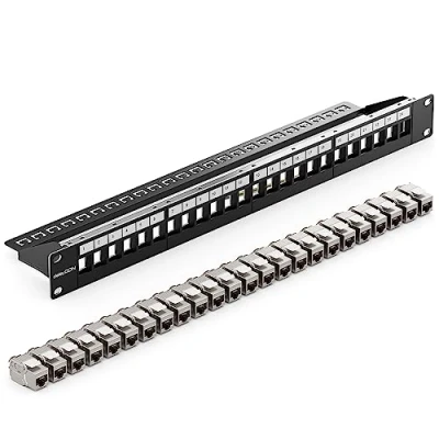 Imagen de deleyCON 24 Puerto CAT7 Patchpanel SET Campo de Distribución Modular 1 HE 19&quot; Pulgadas Instalación en Rack + Módulos Keystone CAT 7 RJ45 LAN Red 10 Gbit/s 600 MHz Cables Descarga Negro