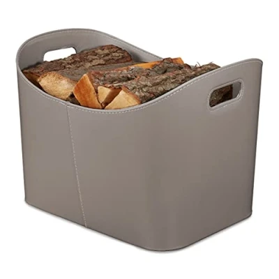 Imagen de Relaxdays Cesta para Leña Piel Sintética XL, Canasto Troncos con Asas, Madera de Chimenea, Gris Oscuro, Acero