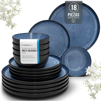 Imagen de Juego de Vajilla Steingut Ibiza para 6 Personas 18 Piezas, Set Lavavajillas y Microondas Moderno Platos Servicio Pure Living en Negro Azul Profundo