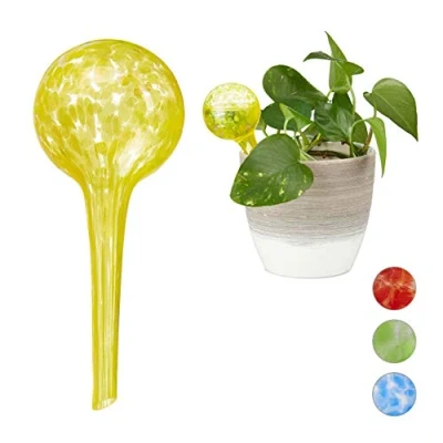 Imagen de Relaxdays Set de Dos, Sistema riego para Plantas, Vacaciones, Ø 6cm, Amarillo, Vidrio, 2 Globos,