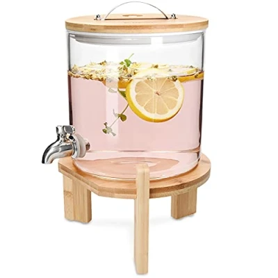 Imagen de Navaris Dispensador de Bebidas Cristal Botella con Grifo Soporte y Tapa Madera para Bebida Caliente o fría Garrafa Agua 5 L Sin BPA