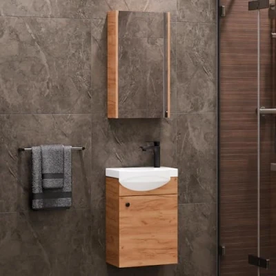 Imagen de Planetmöbel Armario para Lavabo y Espejo (40 cm, Roble Dorado, con Lavabo, Juego de Muebles baño Cuarto