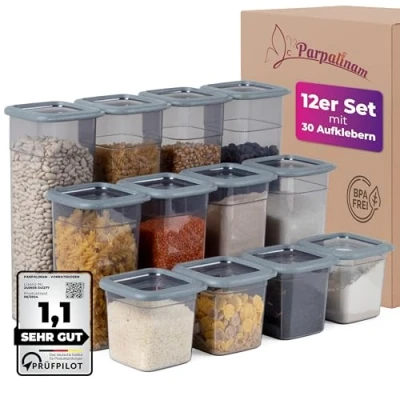 Imagen de Parpalinam Juego de 12 recipientes almacenamiento herméticos con tapa, organizador cocina, sin BPA, cocina y organización para cereales, harina